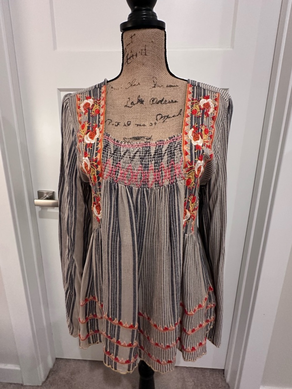 THML Boho Stripe Embroidered Peasant Top - Gray with Coral Accents